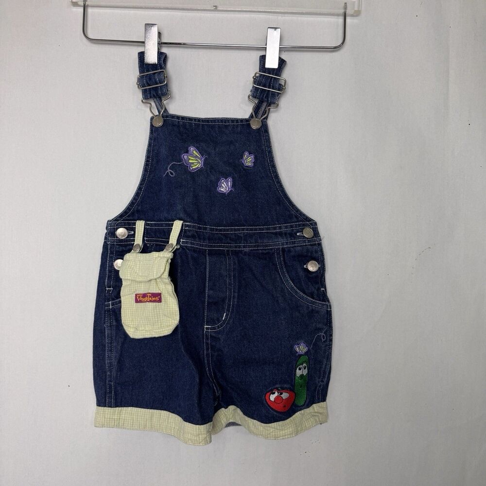 VeggieTales Girls' Denim Overall Romper Cartoon Embroidery Yellow Pocket 2T